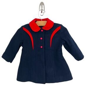 Vtg Rothschild Pea Coat Jacket Wool Navy Blue Red Button Front Union Made Sz S